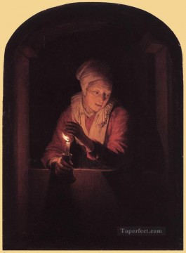  Golden Oil Painting - Old Woman with a Candle Golden Age Gerrit Dou
